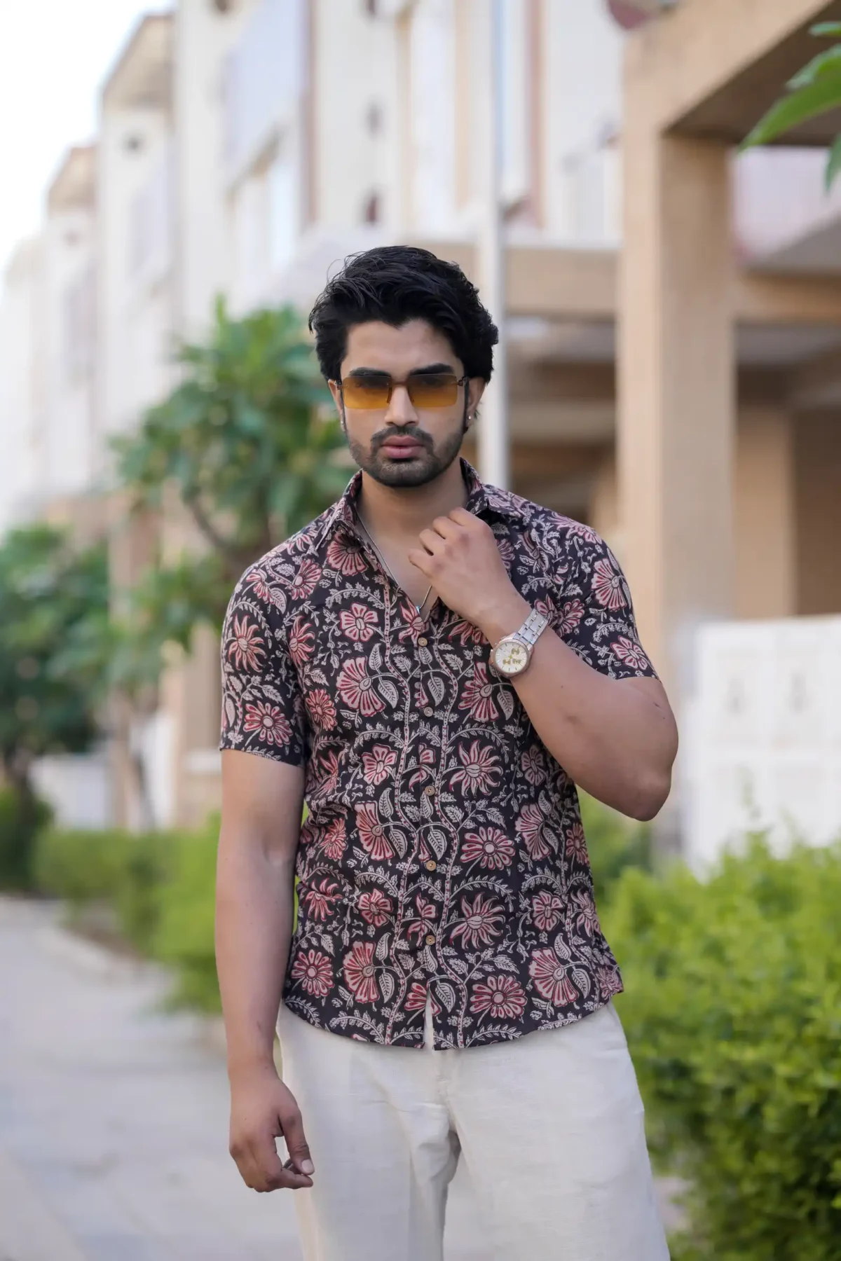 Black Kalamkari Print Cotton Half Sleeve Shirt - Image 3