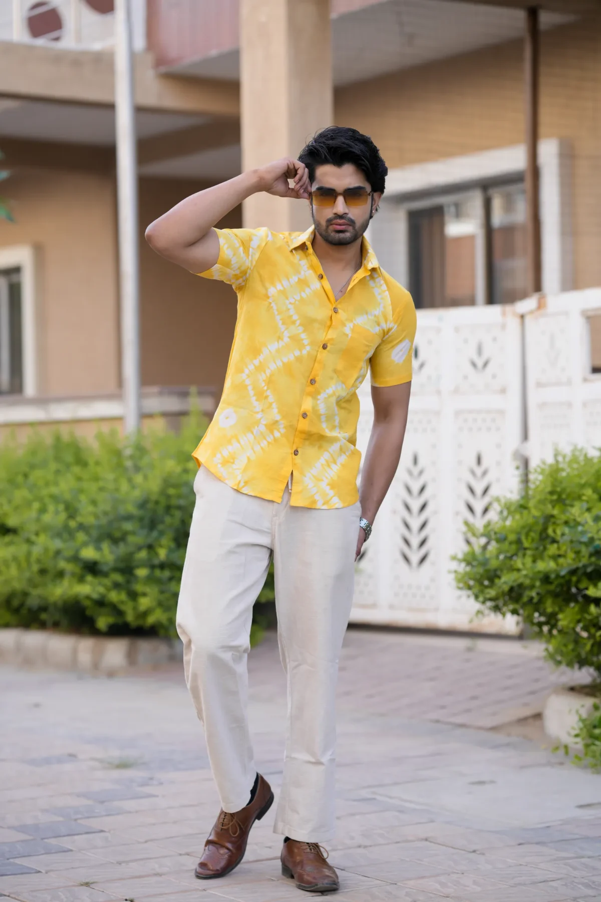 Yellow Tie Dye Print Cotton Half Sleeve Shirt - Image 3