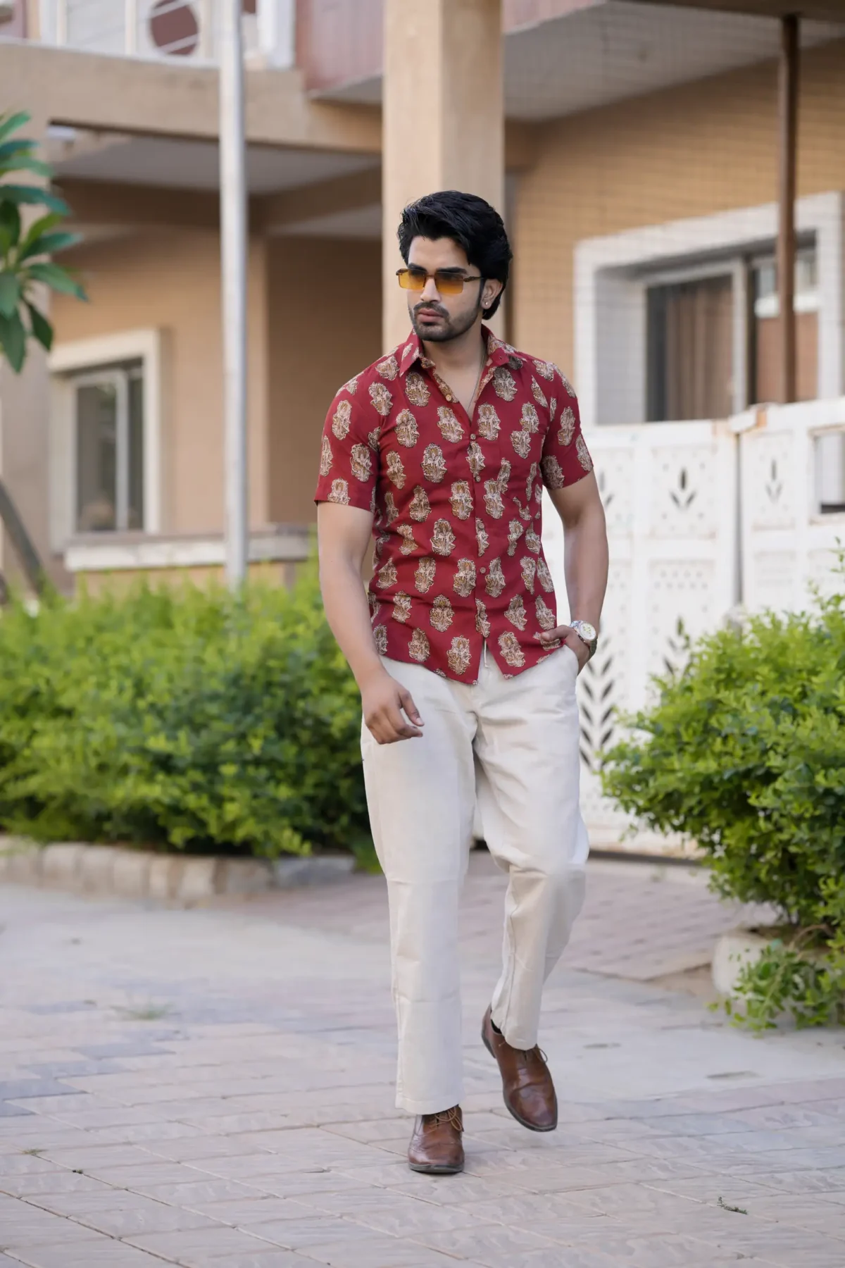 Red Buta Print Cotton Half Sleeve Shirt - Image 2