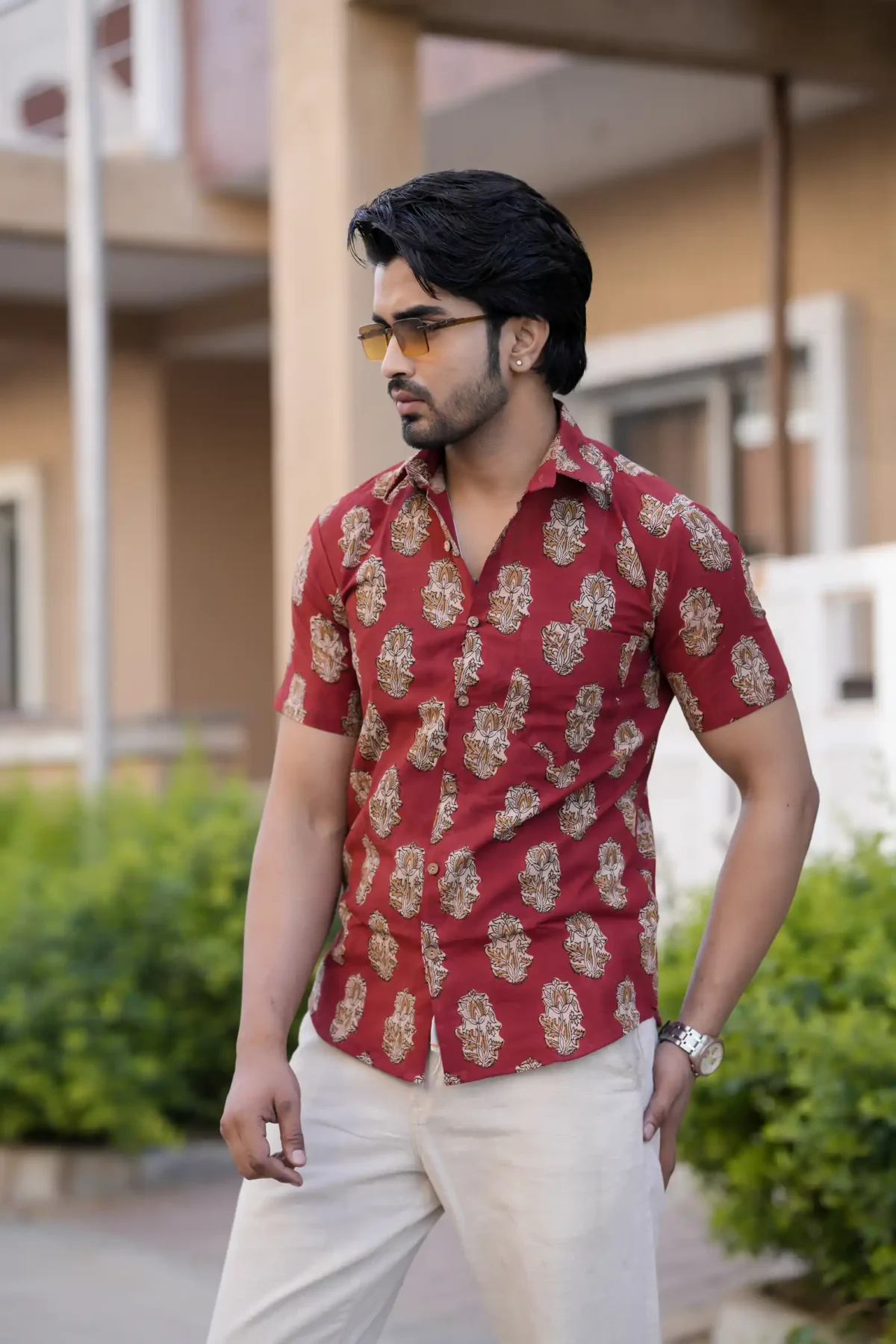 Red Buta Print Cotton Half Sleeve Shirt - Image 3