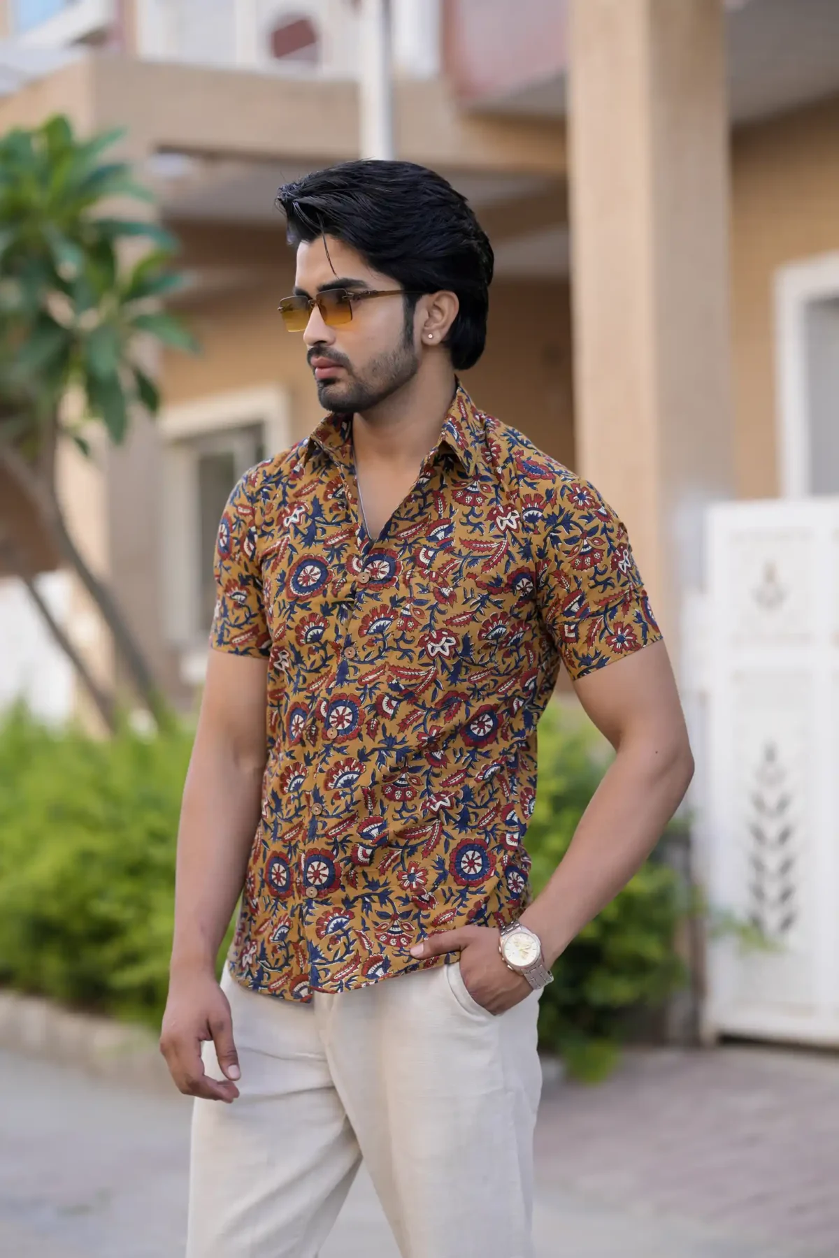 Brown Hand Block Print Cotton Half Sleeve Shirt - Image 2
