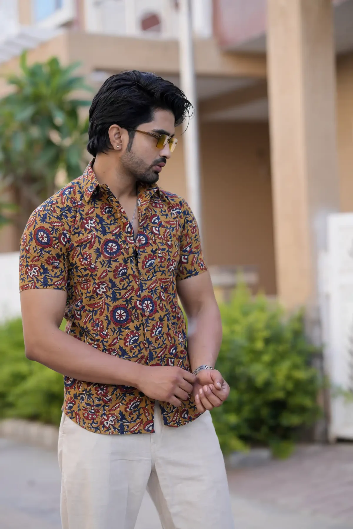 Brown Hand Block Print Cotton Half Sleeve Shirt - Image 3