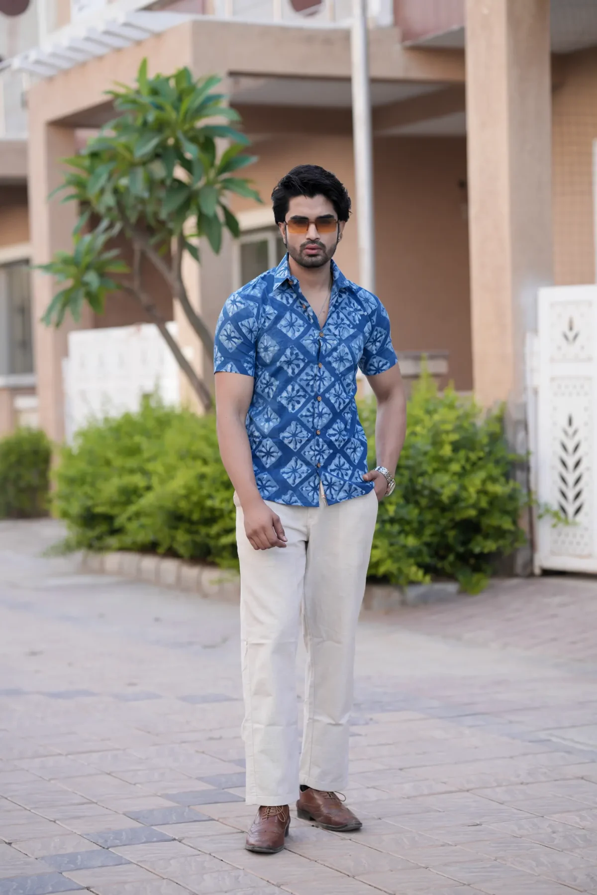 Indigo Daabu Print Cotton Half Sleeve Shirt - Image 3