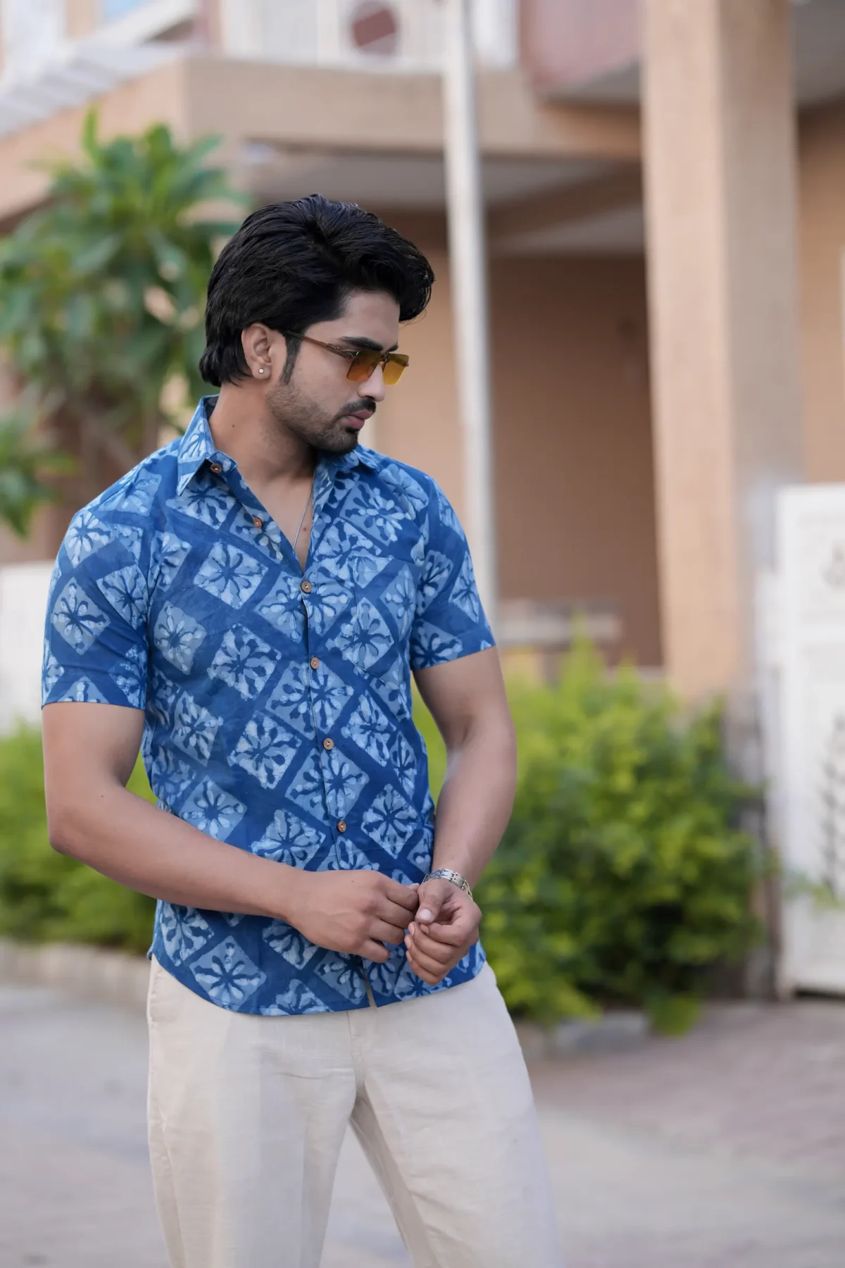 Indigo Daabu Print Cotton Half Sleeve Shirt - Image 2