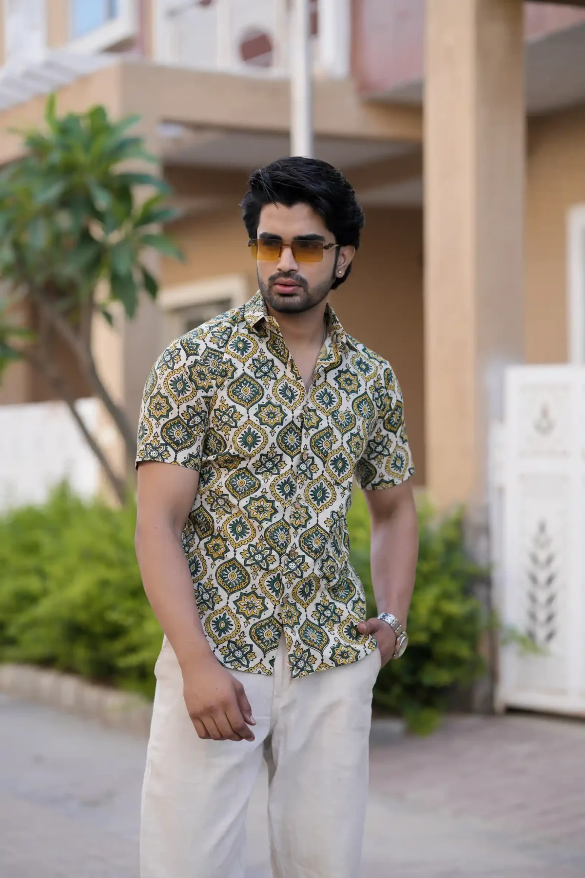 Hand Block Bagru Print Cotton Half Sleeve Shirt - Image 3