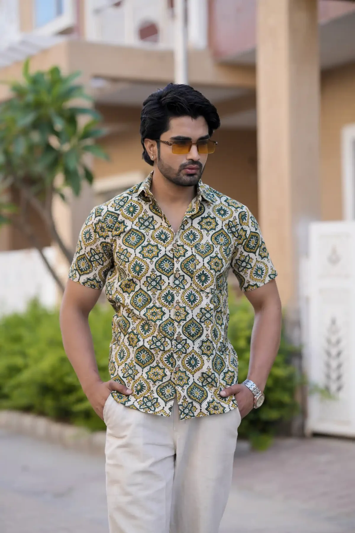 Hand Block Bagru Print Cotton Half Sleeve Shirt - Image 2