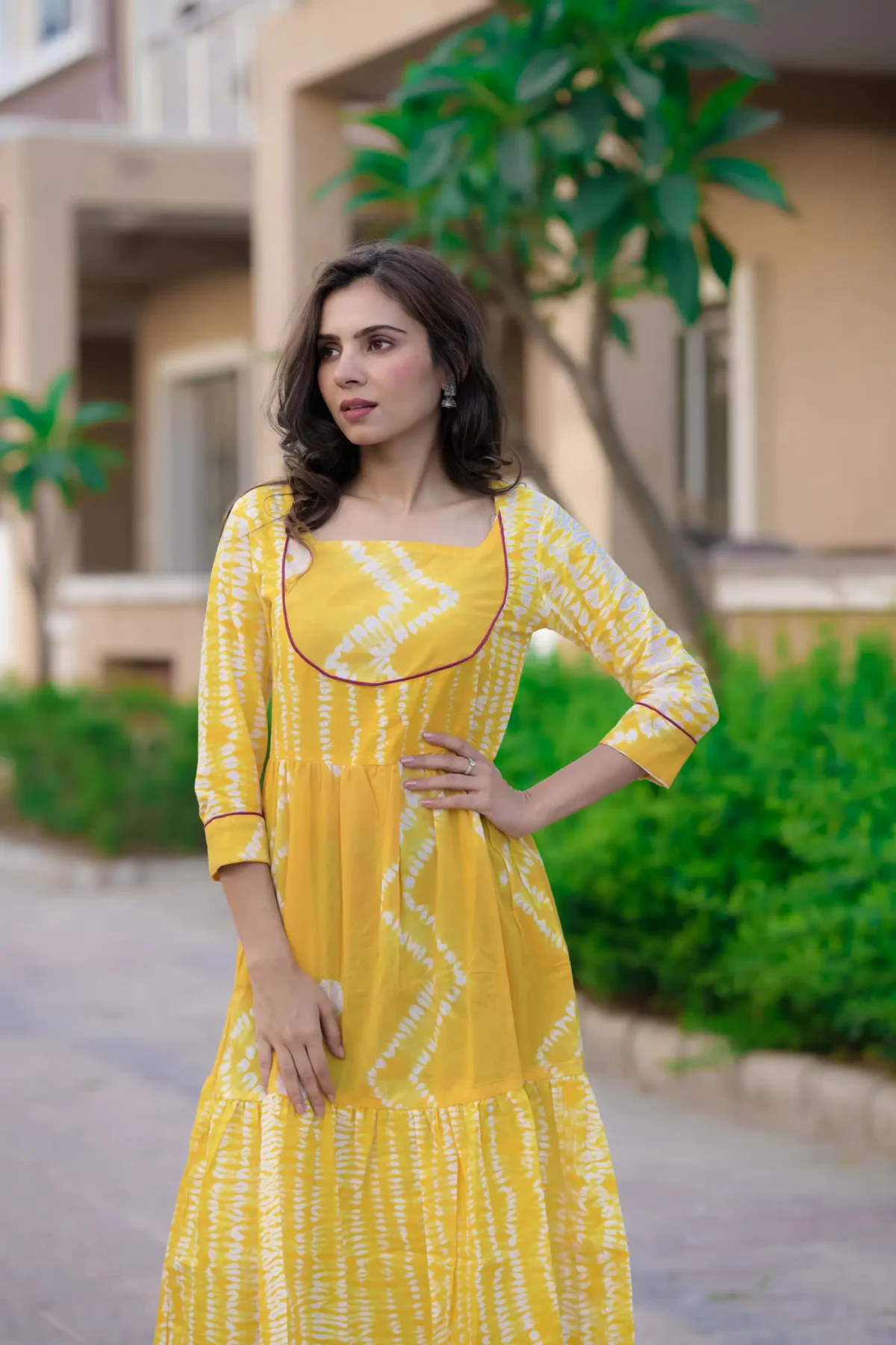 Lemon Yellow Shibori Print Cotton Kurti ( Tunic ) - Image 2
