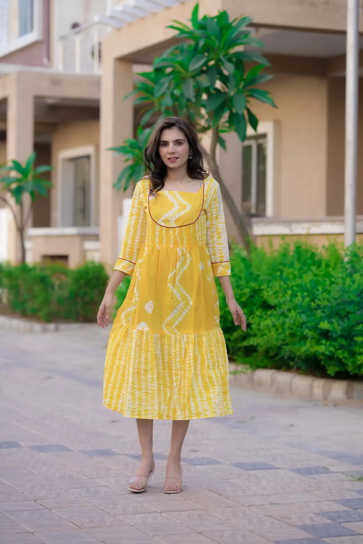 Lemon Yellow Shibori Print Cotton Kurti ( Tunic ) - Image 3