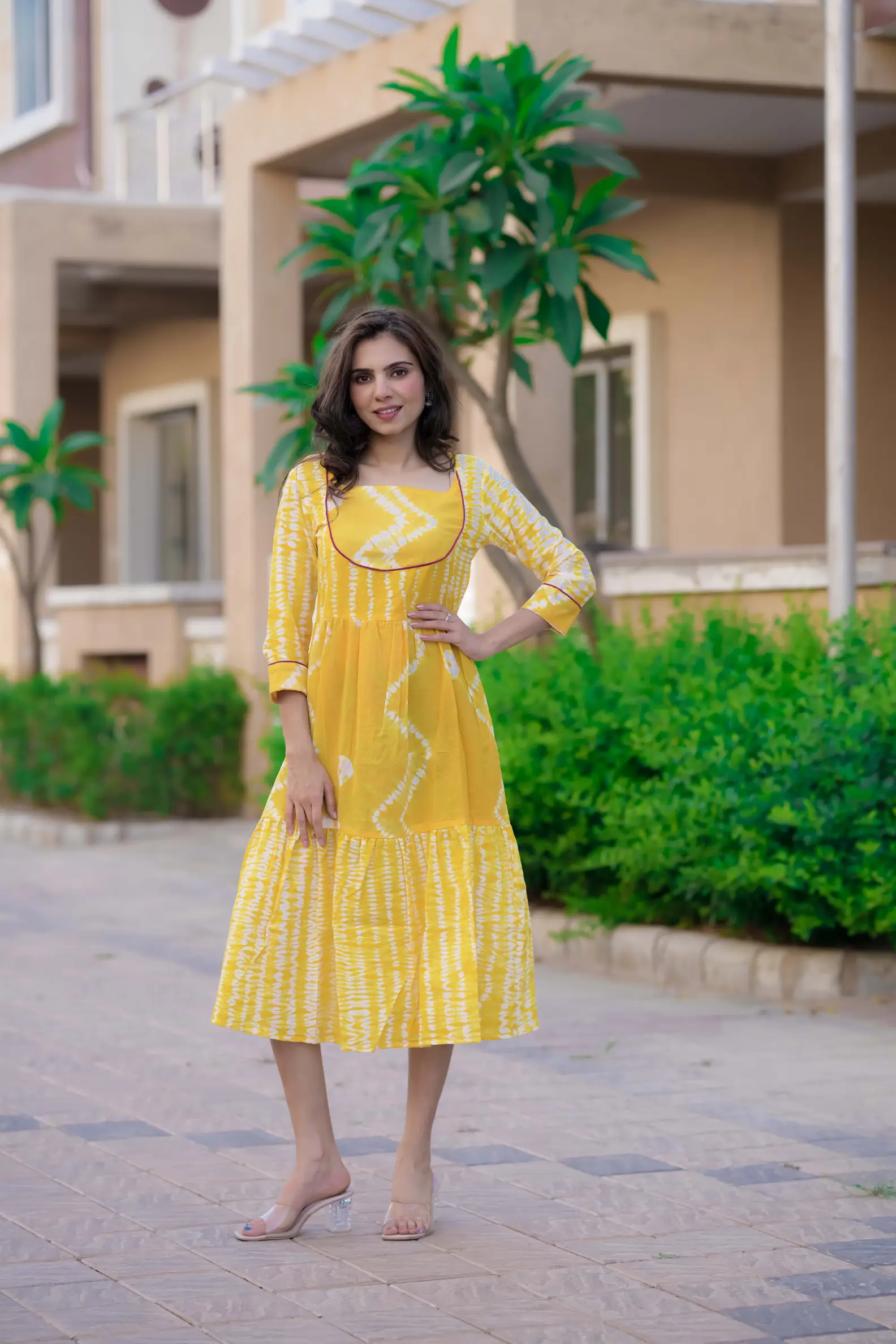 Lemon Yellow Shibori Print Cotton Kurti ( Tunic )