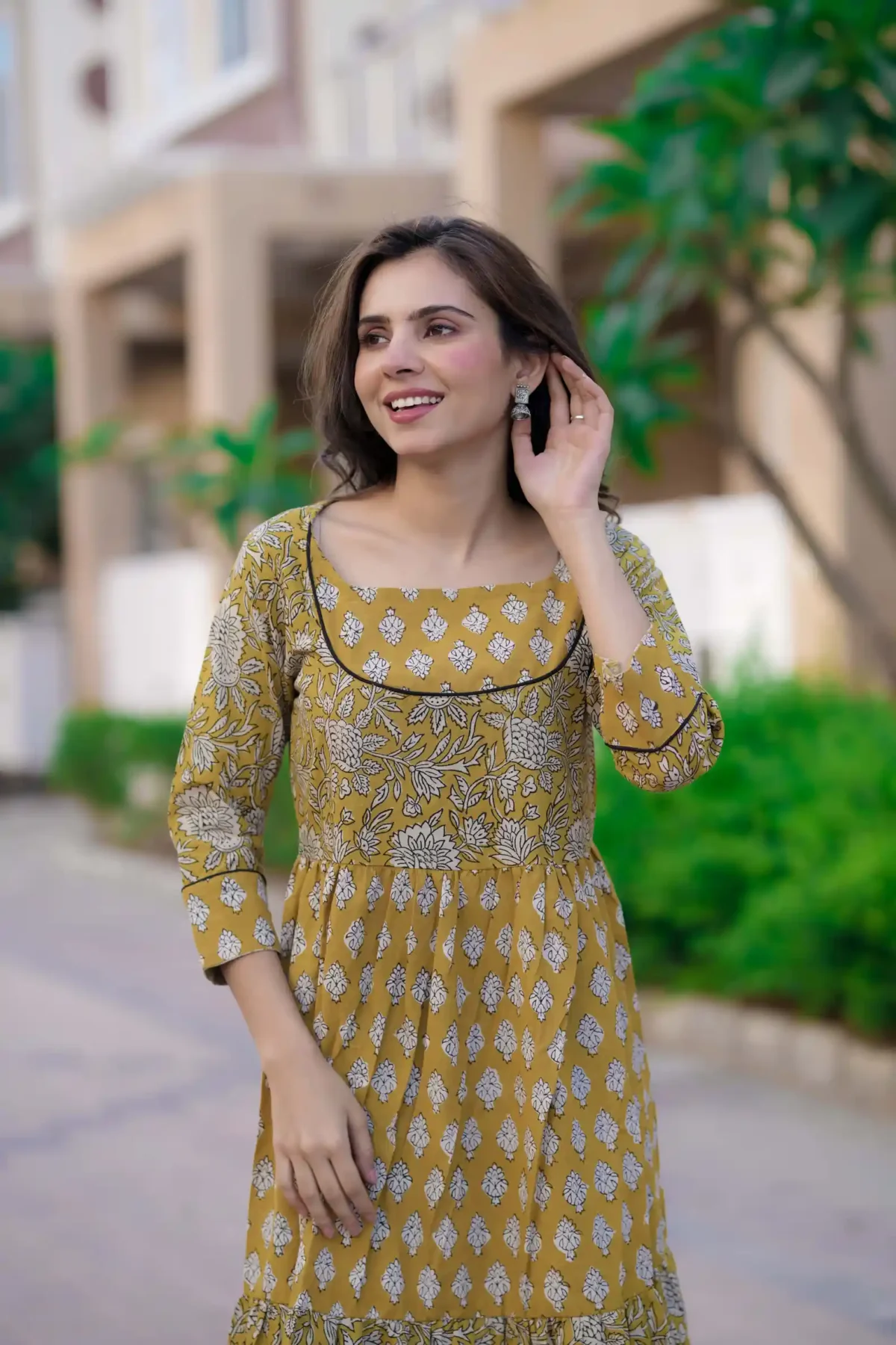 Yellow Bagru Print Cotton Kurti ( Tunic ) - Image 2