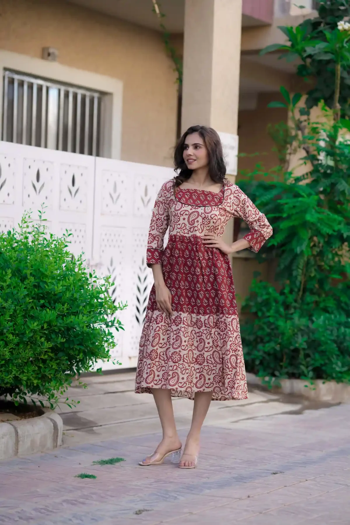 Peach & Red Bagru Print Cotton Kurti ( Tunic ) - Image 3