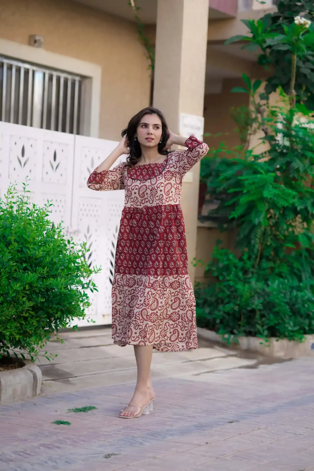 Peach & Red Bagru Print Cotton Kurti ( Tunic ) - Image 2