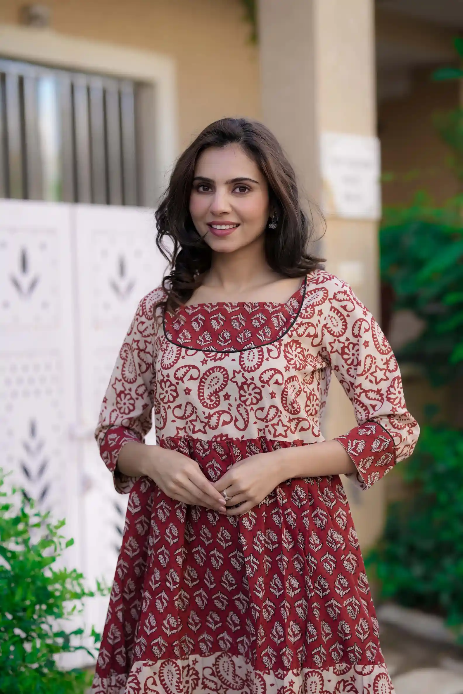 Peach & Red Bagru Print Cotton Kurti ( Tunic )