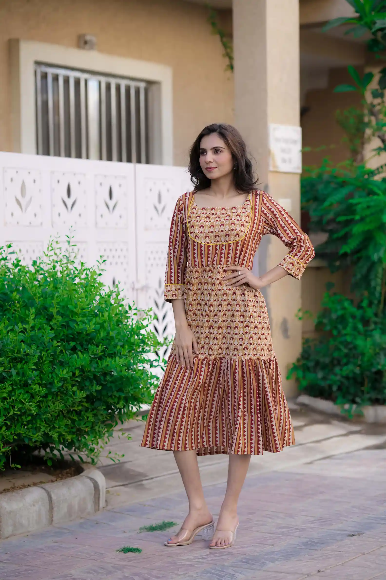 Brown & Red Bagru Print Cotton Kurti ( Tunic )