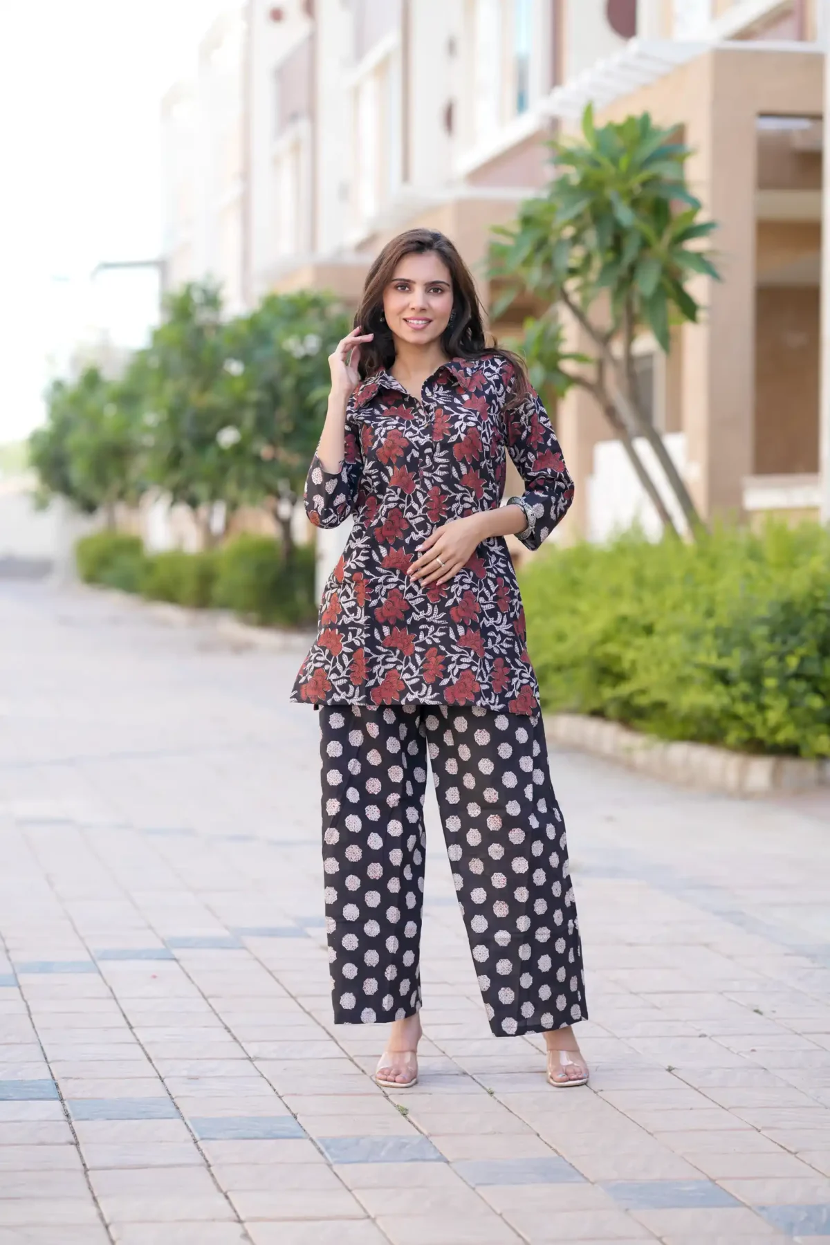 Black Kalamkari Bagru Print Cotton Kurti Plaazo - Image 3