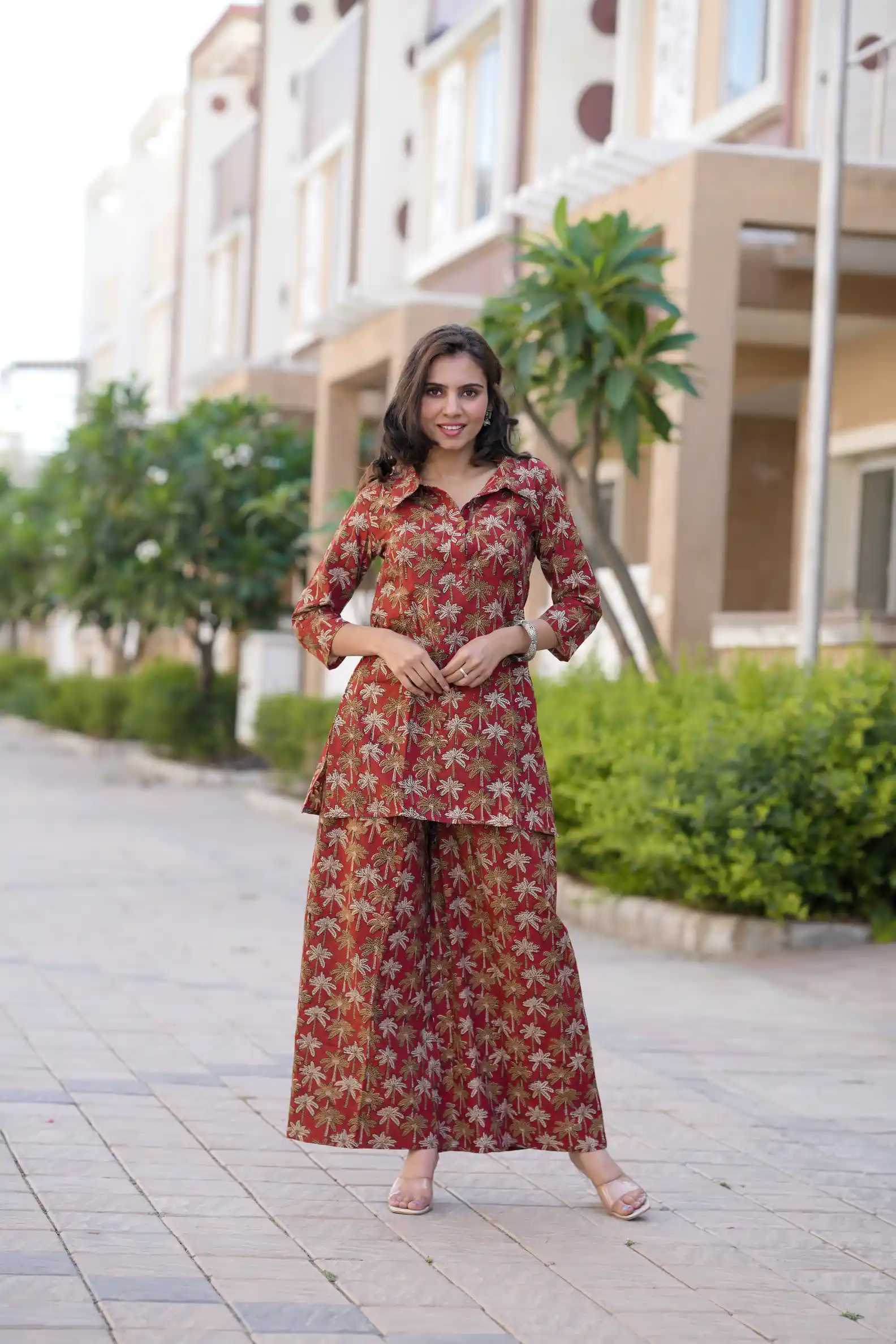 Red Bagru Print Cotton Kurti Plaazo