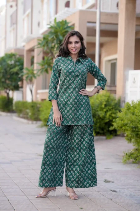 Green Bagru Print Cotton Kurti Plaazo