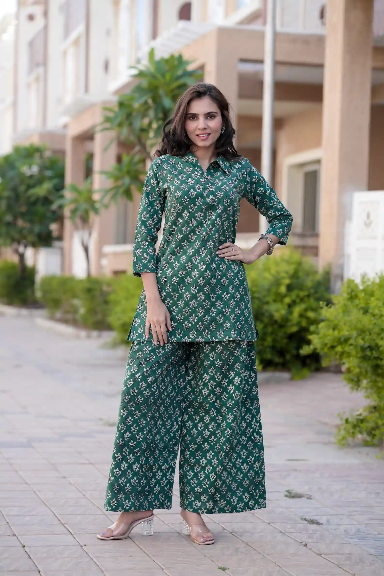 Green Bagru Print Cotton Kurti Plaazo