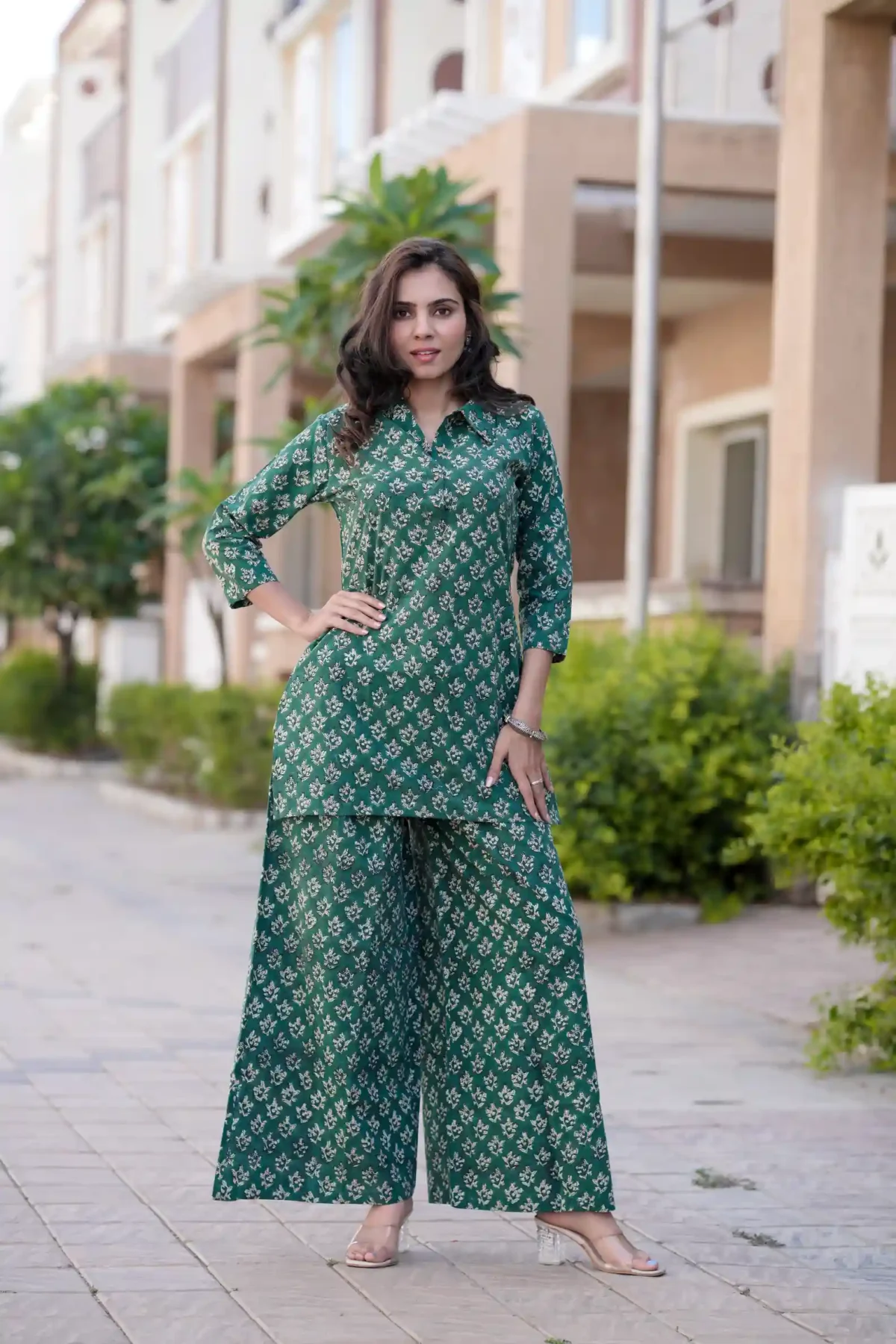 Green Bagru Print Cotton Kurti Plaazo - Image 3