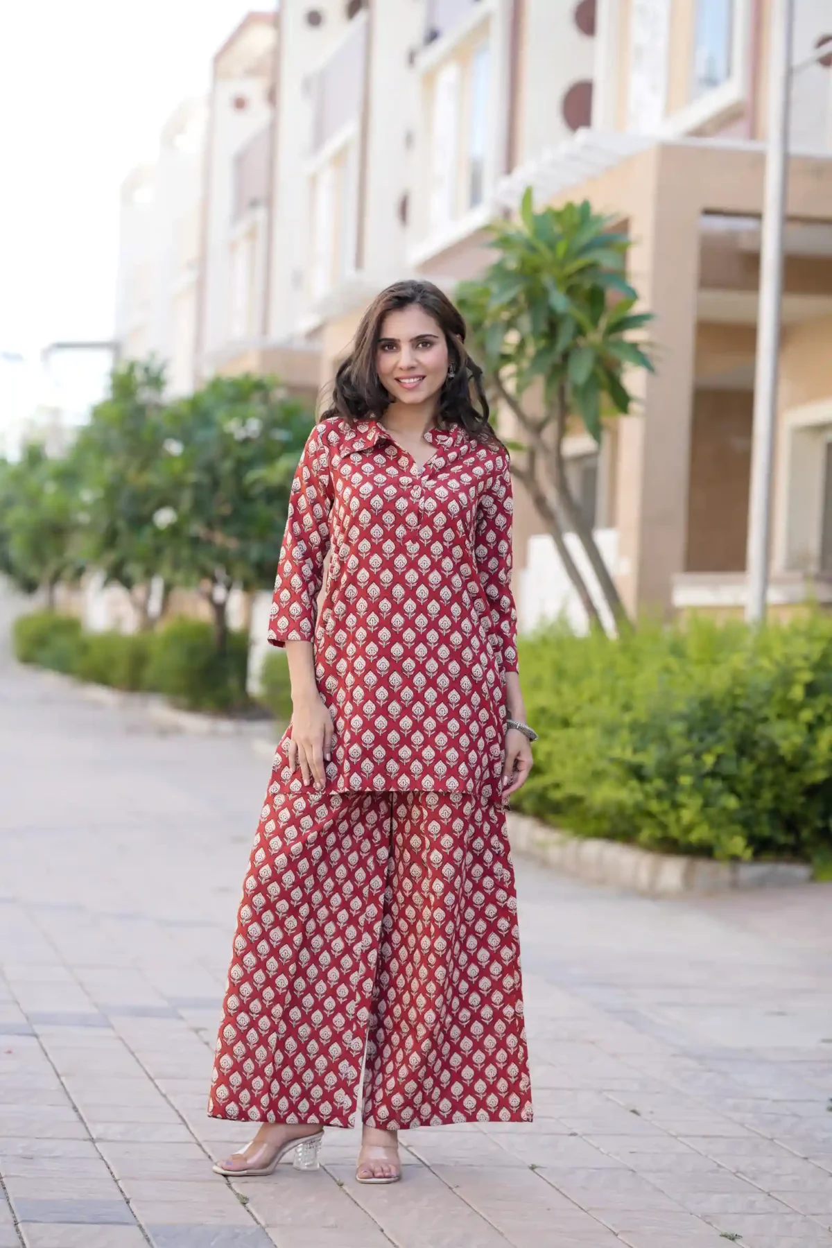 Red Bagru Print Cotton Kurti Plaazo - Image 3