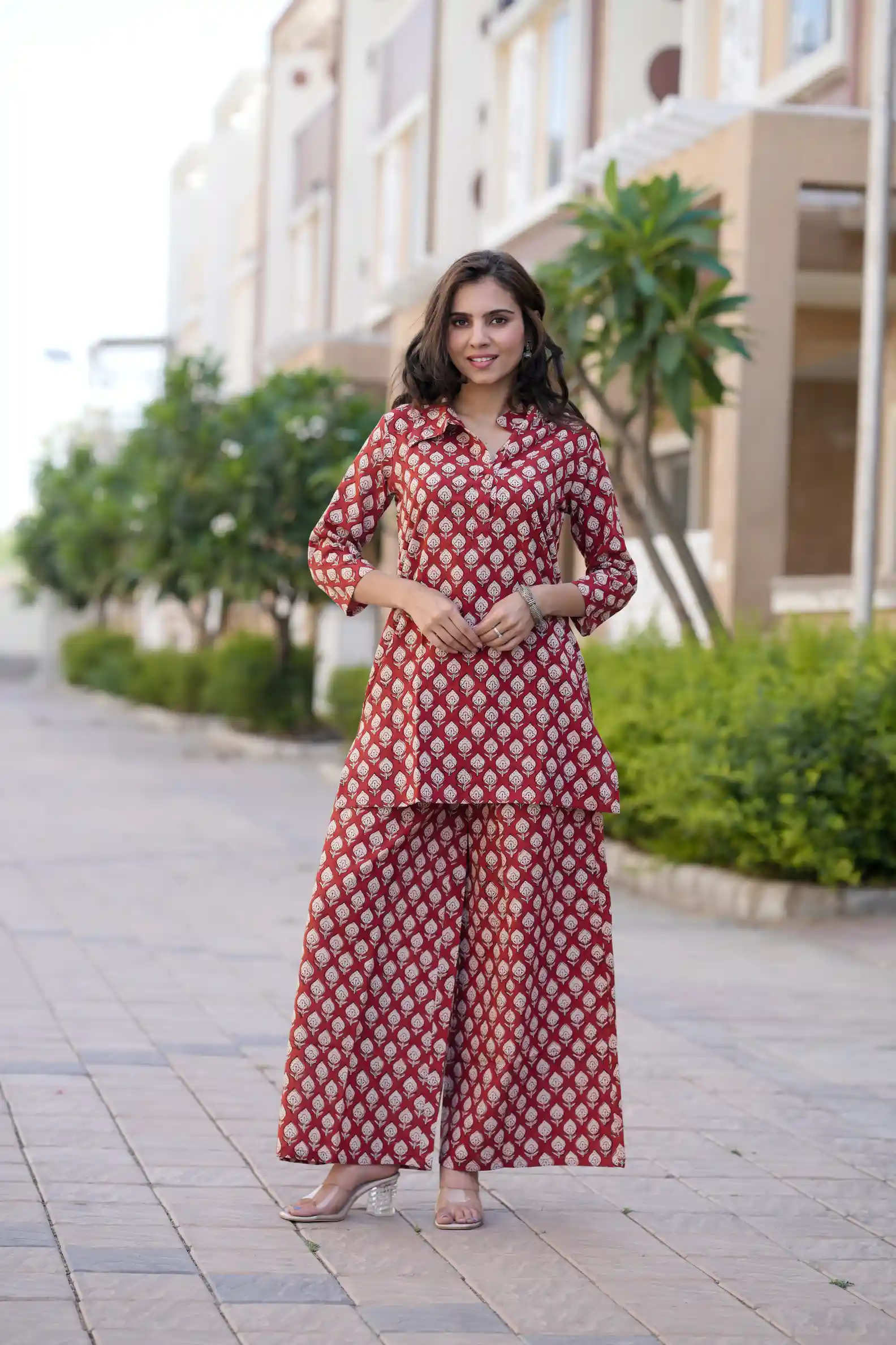 Red Bagru Print Cotton Kurti Plaazo