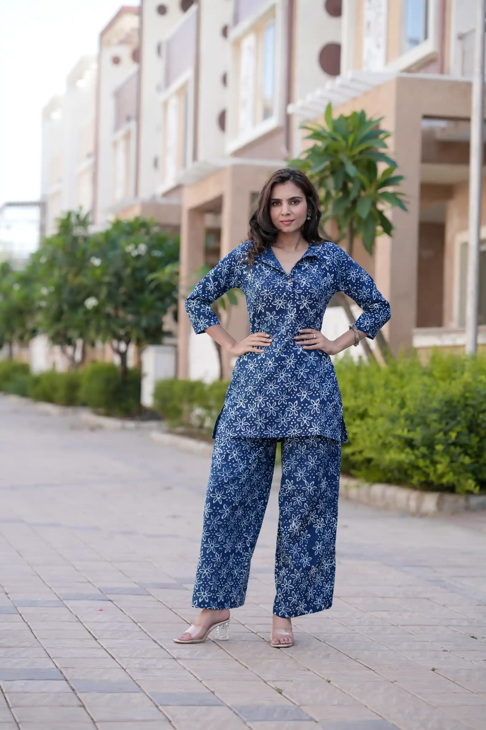 Indigo Daabu Print Cotton Kurti Plaazo
