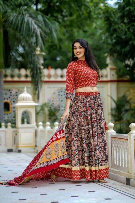 Red & Black Bagru Print Cotton Lehanga Choli