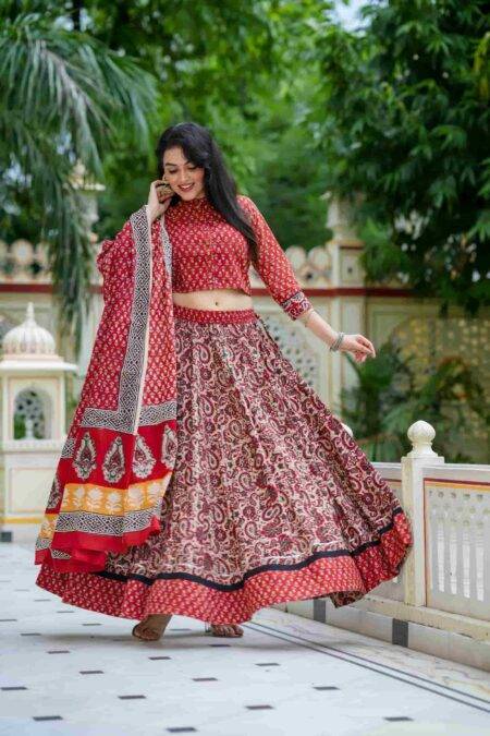 Red & Peach Hand Block Print Cotton Lehanga Choli