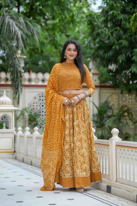 Gold Yellow Daabu Print Cotton Lehanga Choli