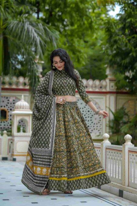 Dark Olive Green Bagru Print Cotton Lehanga Choli