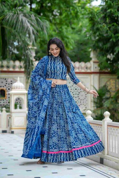 Indigo Blue Dabu Print Cotton Lehanga Choli