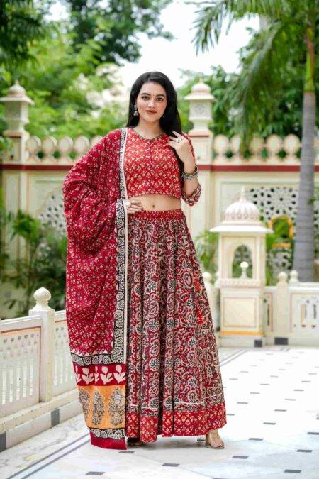 Red Kalamkari Print Cotton Lehanga Choli