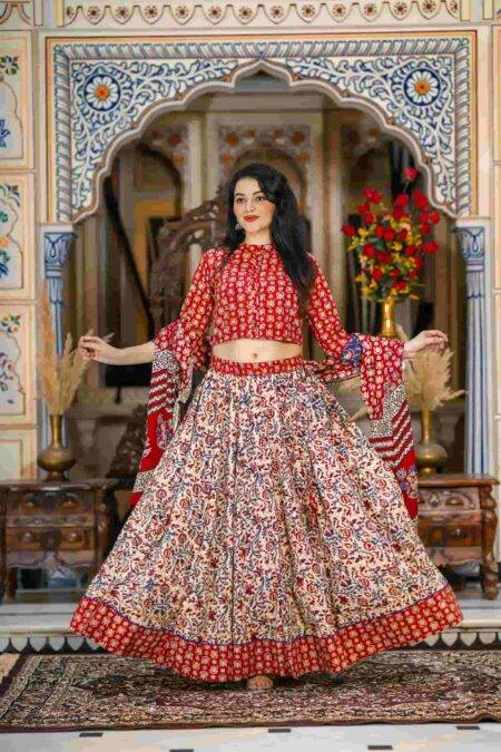 Red & Peach Kalamkari Print Cotton Lehanga Choli