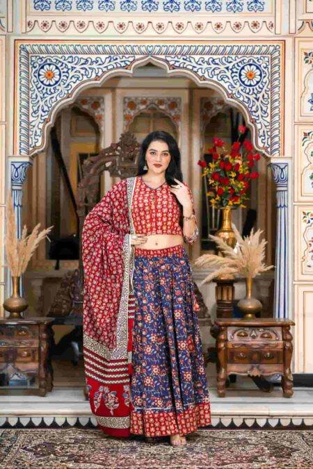 Red & Blue Bagru Print Cotton Lehanga Choli