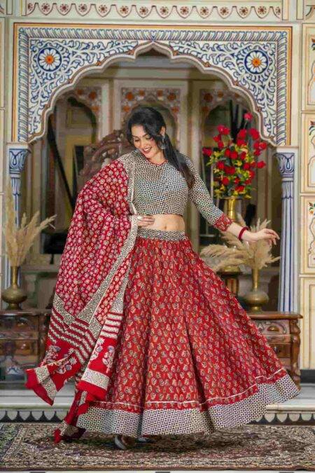 Red & Black Bagru Block Print Cotton Lehanga Choli