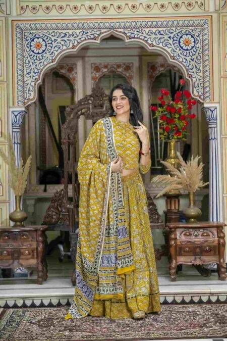 Mustard Yellow Bagru Block Print Cotton Lehanga Choli