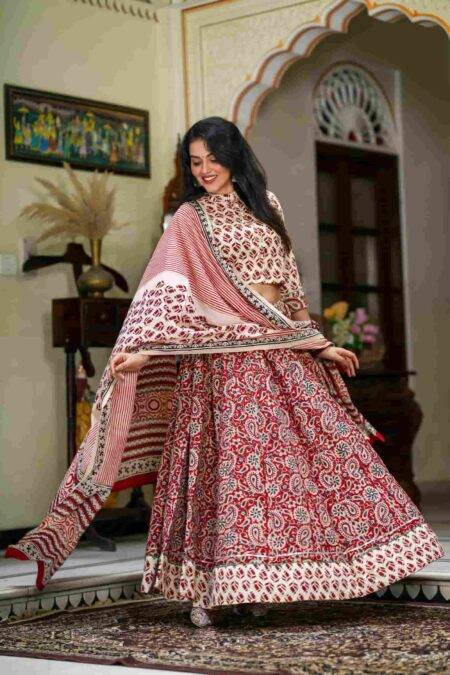 Red & Peach Bagru Print Cotton Lehanga Choli