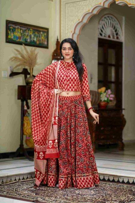 Red Bagru Block Print Cotton Lehanga Choli