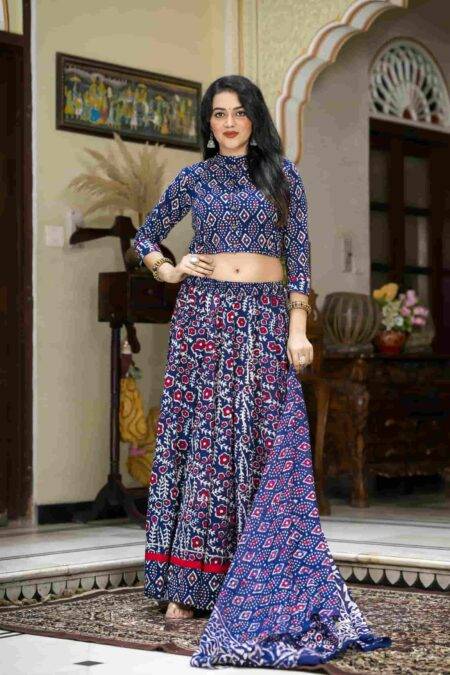 Navy Blue Block Print Cotton Lehanga Choli