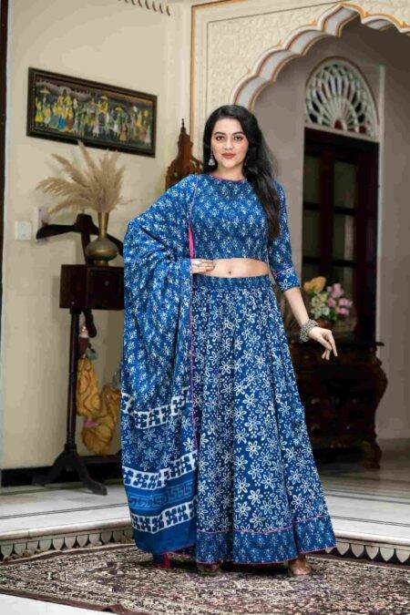 Indigo Daabu Print Cotton Lehanga Choli