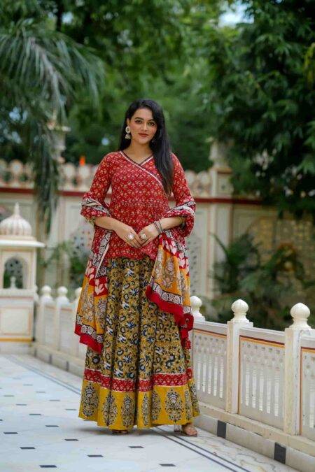 Red & Yellow Bagru Print Cotton Lehanga Angrakha Choli
