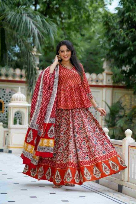 Red Bagru Print Cotton Lehanga Angrakha Choli