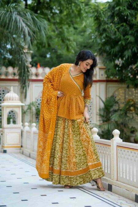 Gold Yellow Daabu Print Cotton Lehanga Angrakha Choli
