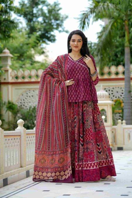 Maroon Red Bagru Print Cotton Lehanga Angrakha Choli