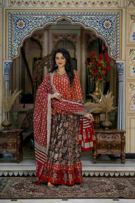 Red & Black Bagru Print Cotton Lehanga Angrakha Choli