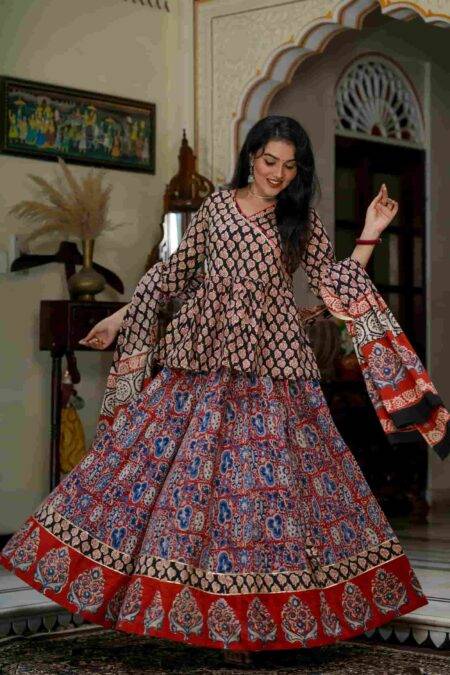 Black & Red Bagru Print Cotton Lehanga Angrakha Choli
