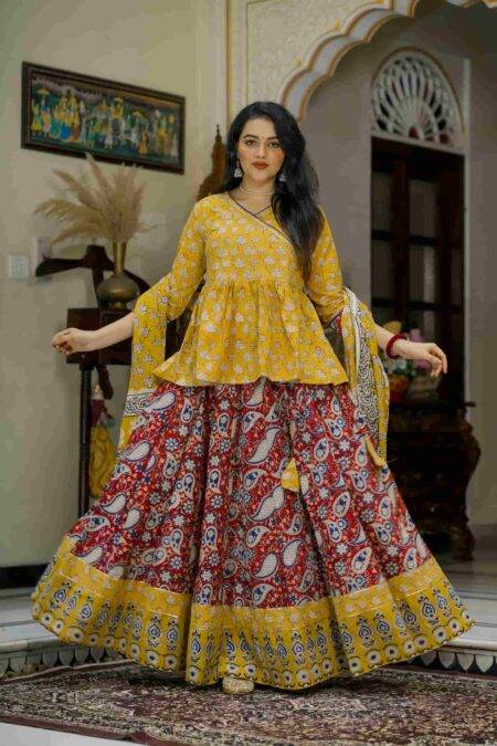 Musturd Yellow & Red Bagru Print Cotton Lehanga Angrakha Choli
