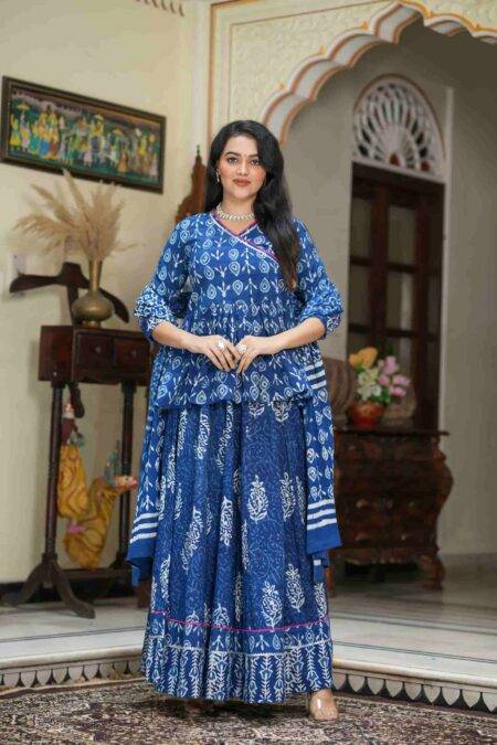 Indigo Daabu Print Cotton Lehanga Angrakha Choli