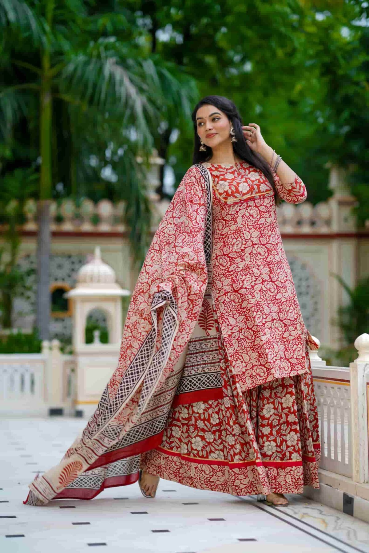 Red Bagru Print Cotton Kurti Skirt With Dupatta - Image 4