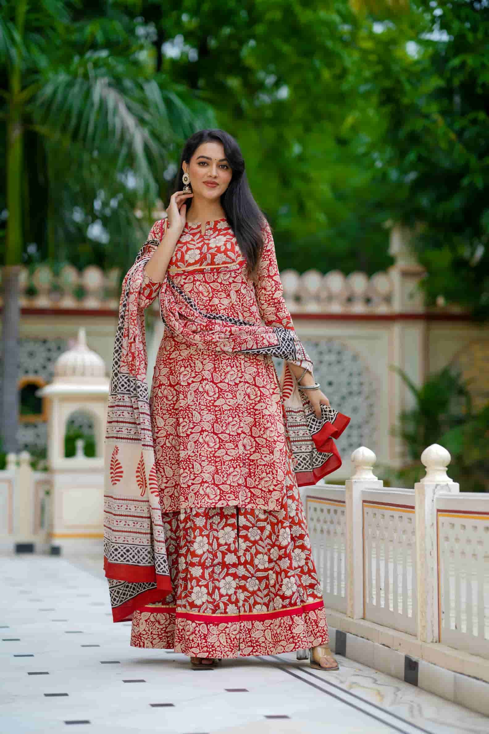 Red Bagru Print Cotton Kurti Skirt With Dupatta